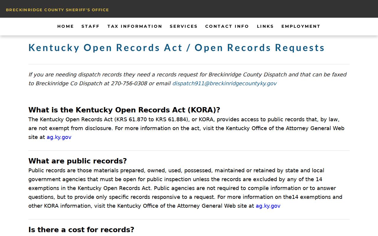Breckinridge County arrest history sheriff open records request page