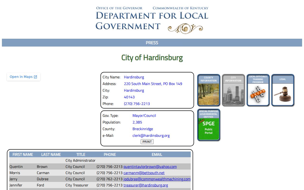 Official Hardinsburg city profile supporting Hardinsburg criminal history context