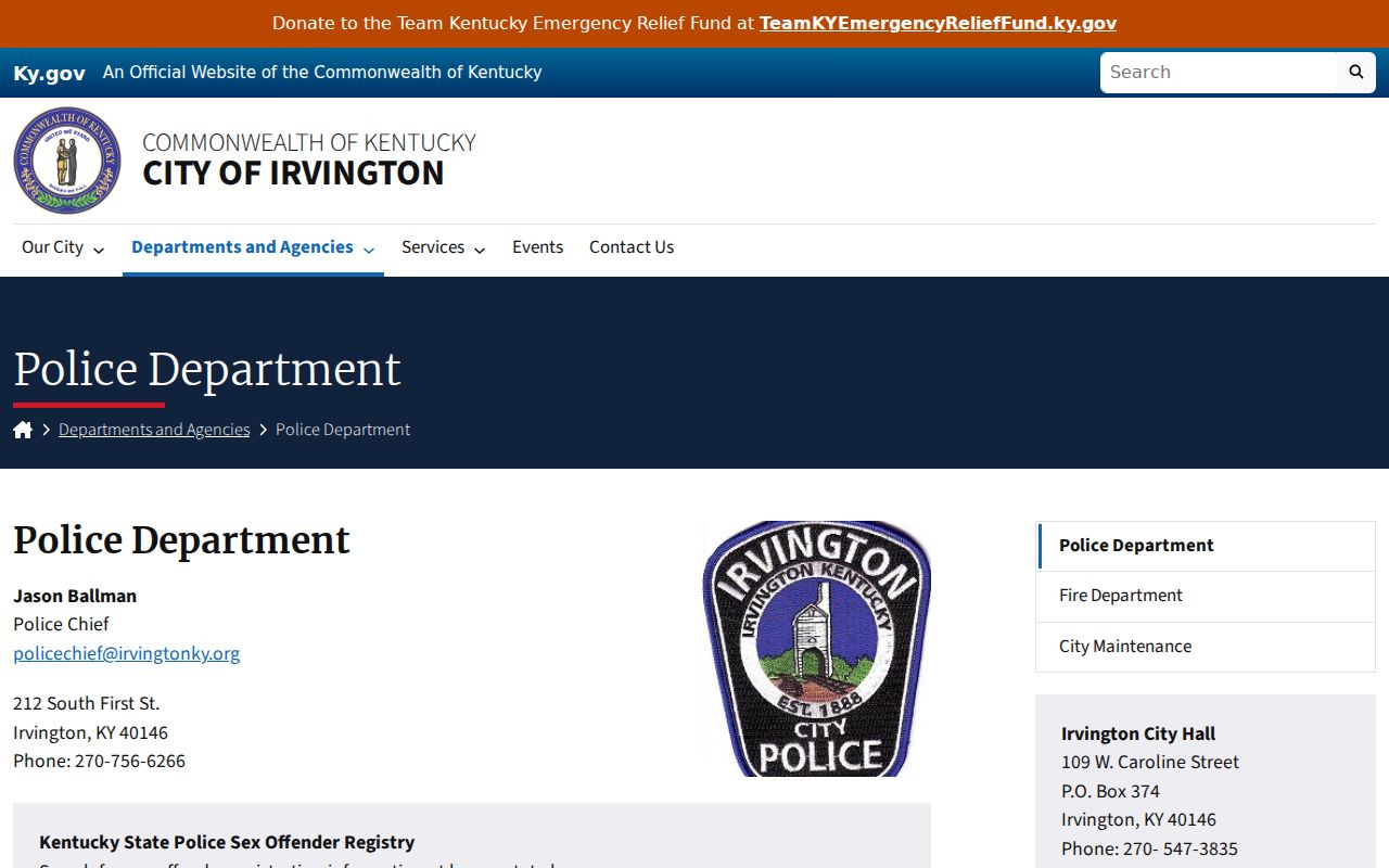 Irvington criminal history police department contact page